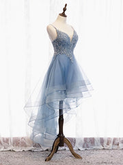 Graduation Dress, V Neck High Low Blue Lace Prom Dresses, Blue Lace High Low Formal Evening Graduation Dresses