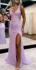 V-Neck Hollow-Out Backless Sequins Mermaid Prom Dress with Slit