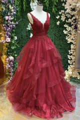 Evening Dresses 90055, V Neck Open Back Burgundy Lace Long Prom Dress, Burgundy Lace Formal Evening Dress, Burgundy Ball Gown