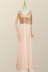 Bridesmaids Dresses Modest, V Neck Rose Gold Sequin and Chiffon Long Bridesmaid Dress