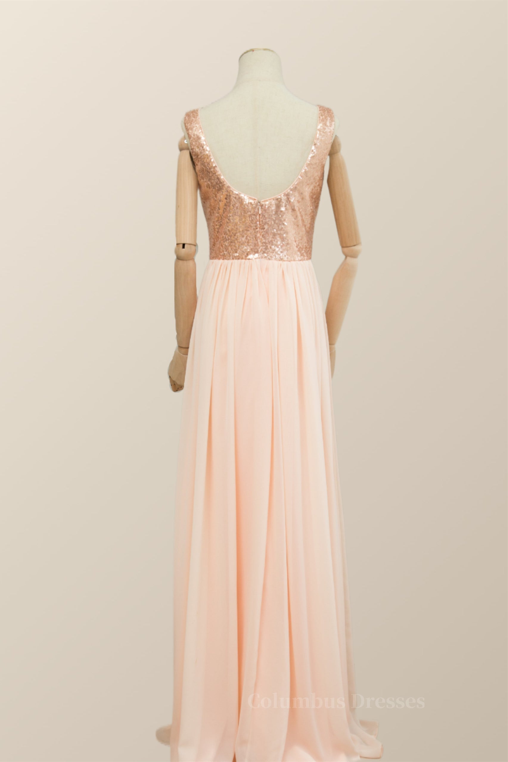 Bridesmaid Dresses Mauve, V Neck Rose Gold Sequin and Chiffon Long Bridesmaid Dress