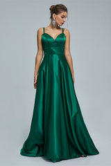 Bridesmaid Dresses Dark, V-Neck Spaghetti Strap with Pocket Side Slit Special Long Prom Dresses