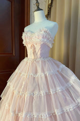 Prom Dress Cheap, Pink Strapless Layers Tulle Long Party Dress, Glam Prom Dress Formal Gown