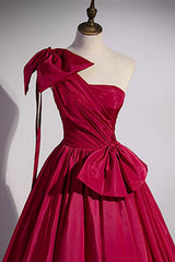 Winter Dress, Burgundy Satin Long Prom Dress, One Shoulder Evening Dress with Bow