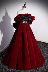 Party Dresses Prom, Burgundy Velvet Long Prom Dress, Off the Shoulder A-Line Evening Dress