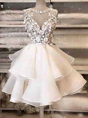 Homecoming Dressed Short, White round neck tulle lace short prom dress, white homecoming dress