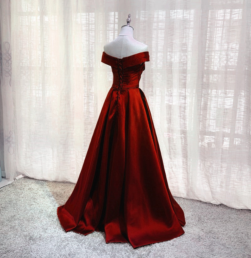 Wedding Dresses Styles, Wine Red Floor Length Off Shoulder Wedding Party Dress, Dark Red Prom Dress