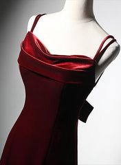 Party Dresses Designer, Wine Red Low Back Mermaid Formal Dress, Velvet Straps Long Prom Dress