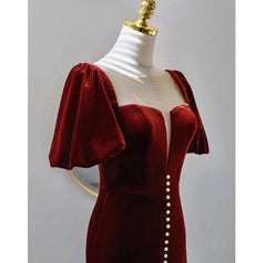 Little Black Dress, Wine Red Velvet Long Round Neckline Party Dress, Wine Red Prom Dresses