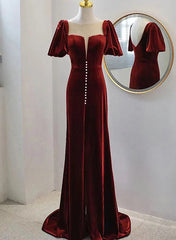 Glam Dress, Wine Red Velvet Long Round Neckline Party Dress, Wine Red Prom Dresses