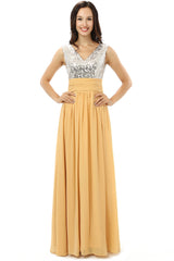 Evening Dress Long Sleeve Maxi, Yellow Chiffon Silver Sequins V-neck Backless Bridesmaid Dresses