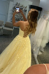 Yellow Tulle Prom Dress with Appliques